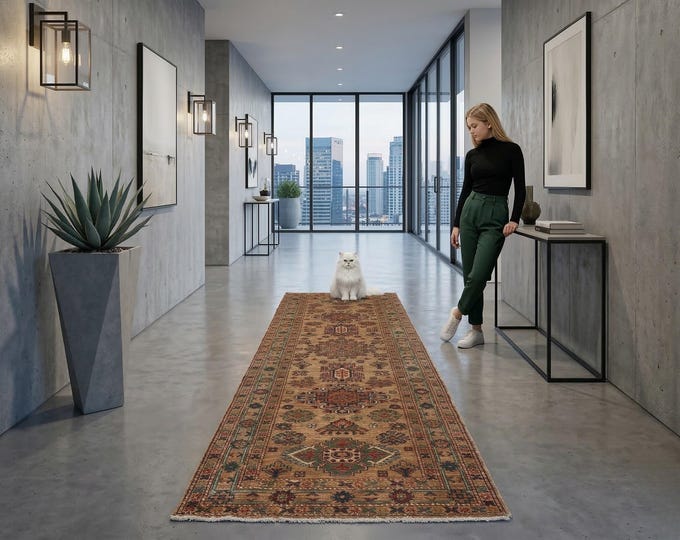 2.6 X 7.9 ft Brown Geomatrical Handmade Runner, Super Kazak Cotton and Wool