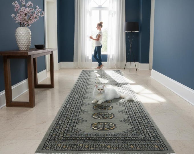 2.0 X 5.11 ft Gray Geomatrical Runner Handmade, Mori Bokhara Cotton and Wool