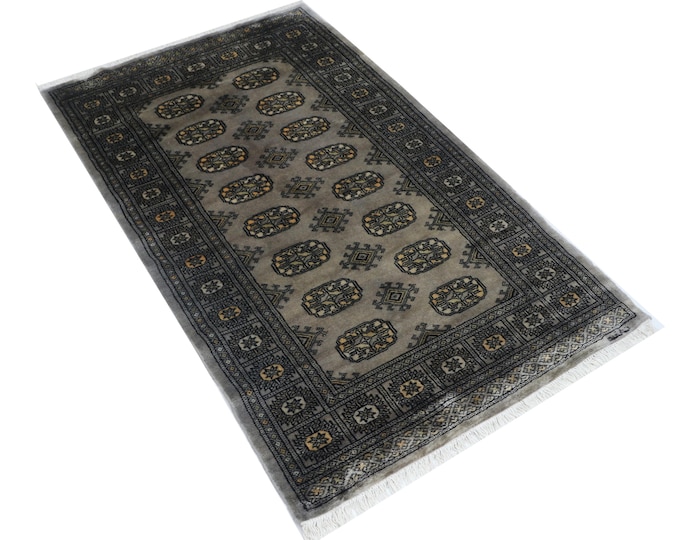 3.1 X 5.0 ft Gray Geomatrical Handmade , Mori Bokhara Cotton and Wool