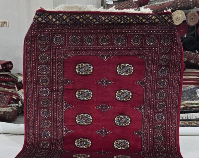 4.5 X 7 ft Red Geometrical Handmade , Mori Bokhara Cotton and Wool