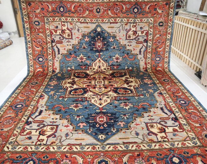 9x12 Ft Hand Knotted Heriz Wool Rug, Blue Rust Medallion, Afghan Persian Style