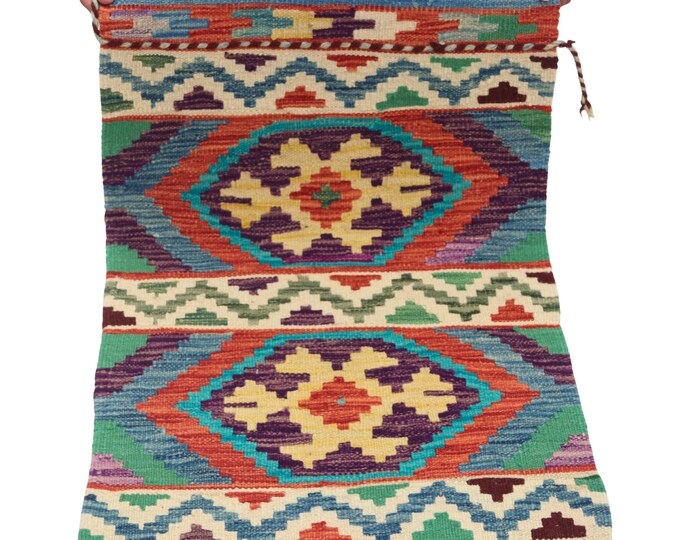 2 X 3 ft Handmade Geometrical Killim Rug, Muilty, Wool