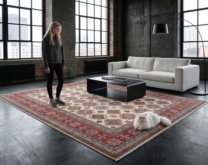 8 X 10 ft Red and Beige Geomatrical Handmade , Super Kazak Cotton and Wool