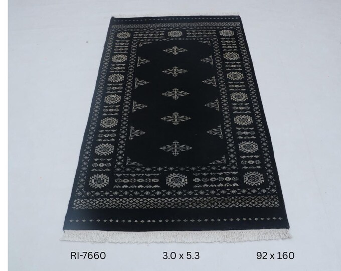 Hand-knotted Mohri Bokhara Cotton and Wool Rug Geomatrical in Black and Blacl border, 3.0 x 5.3 ft
