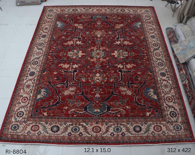 Hand-knotted Super Kazak Cotton and Wool Rug, Geomatrical in Red base and Beige border, 12.1 X 15.0 ft