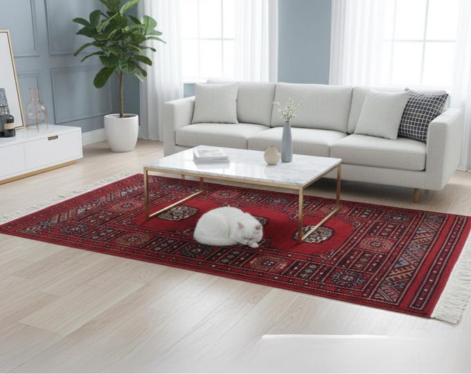 2.7 X 4.0 ft Red Geomatrical Handmade, Mori Bokhara Cotton and Wool