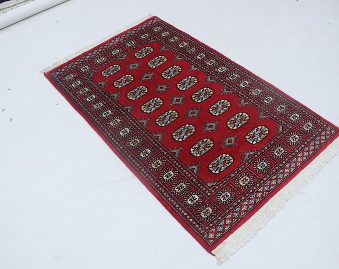 3 X 5 ft Geometrical Mori Bokhara Rug, Red, Handmade Cotton and Wool