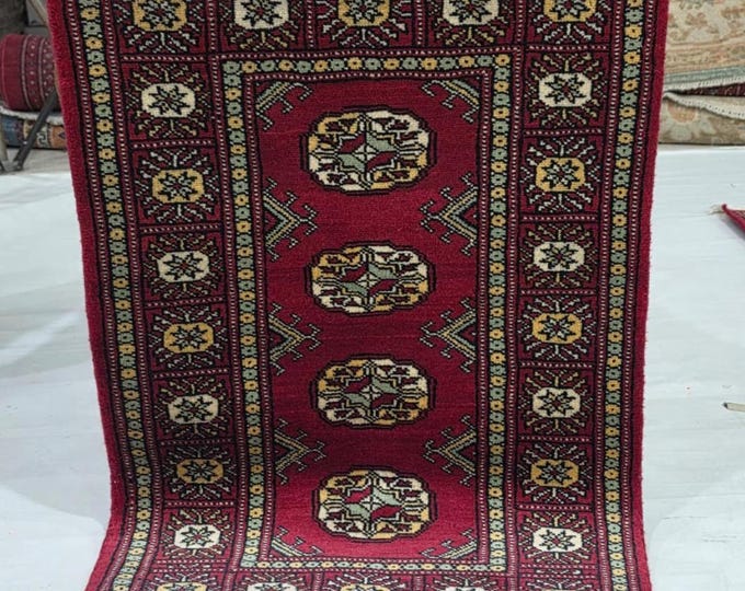 2 X 3 ft Red Geometrical Handmade, Mori Bokhara Cotton and Wool