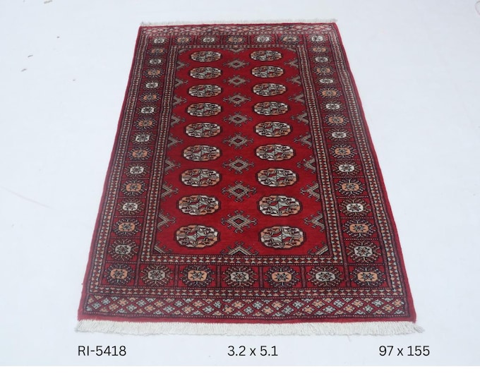 3 X 5 ft Red Geometrical Handmade , Mori Bokhara Cotton and Wool