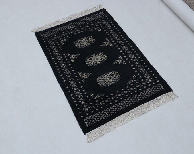 2.1 X 3.0 ft Black Geomatrical Handmade ,Mori Bokhara Cotton and Wool
