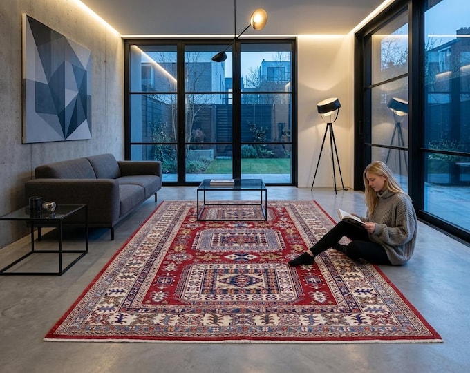 5 X 8 ft Red and Beige Geomatrical Handmade, Super Kazak Cotton and Wool