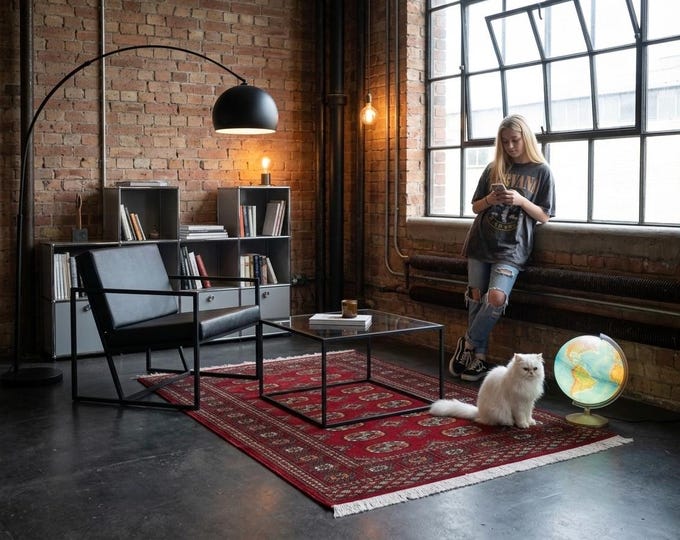 3.2 X 5.1 ft Red Geomatrical Handmade ,Mori Bokhara Cotton and Wool