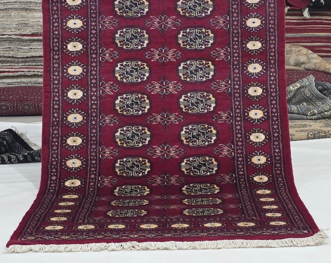 3 X 5 ft Red Geometrical Handmade, Mori Bokhara Cotton and Wool