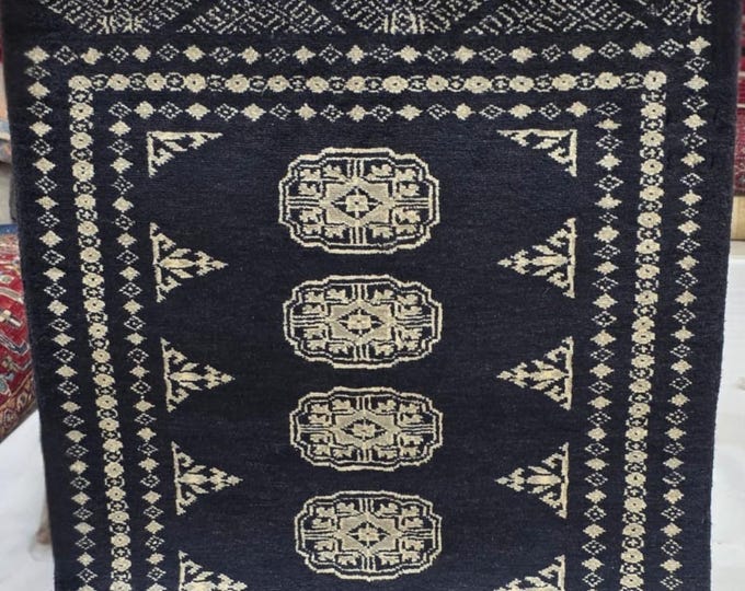 2 X 3 ft Black Geometrical Handmade, Mori Bokhara Cotton and Wool