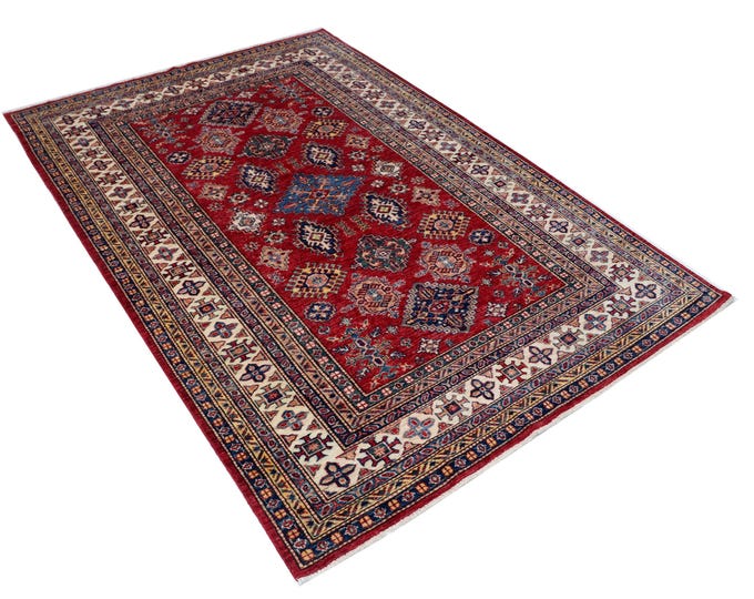 5.5 X 7.11 ft Red and Beige Geomatrical Handmade, Super Kazak Cotton and Wool