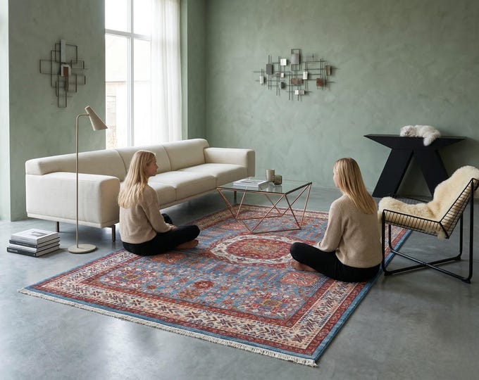 4.8 x 6.7 ft Beige and Blue Geomatrical Handmade , Super Kazak Cotton and Wool