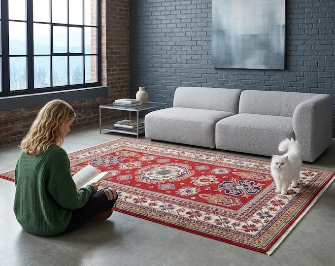 5.6 X 7.9 ft Red and Beige Geomatrical Handmade, Super Kazak Cotton and Wool