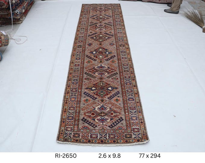 Hand-knotted Super Kazak Cotton and Wool Rug, Geomatrical in Brown base and Brown border, 2.6 X 9.8 ft