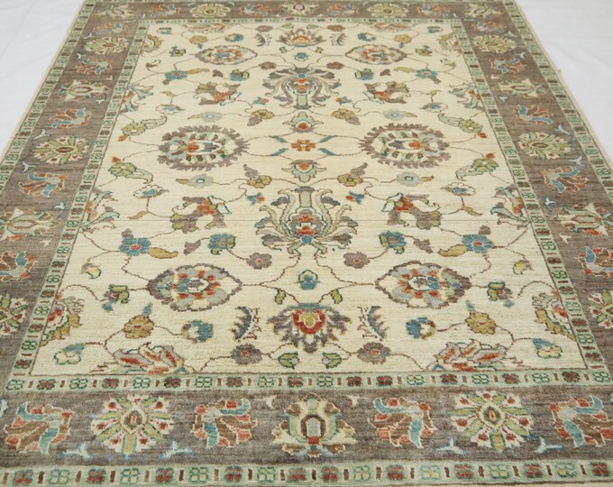 5x6 Beige Gray Afghan Rug – Handmade Wool Floral Area Rug
