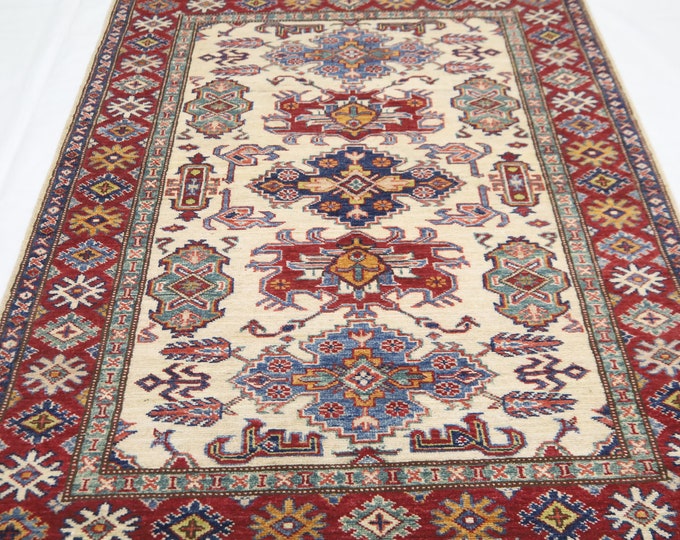 Handmade Wool Kazak Rug – 3x5 Beige Red Afghan Rug