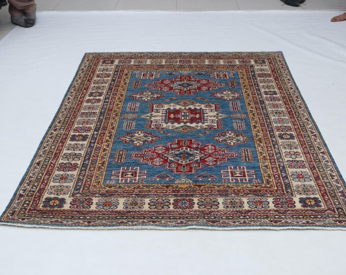 5 X 6 ft Blue and Beige Geomatrical Handmade , Super Kazak Cotton and Wool