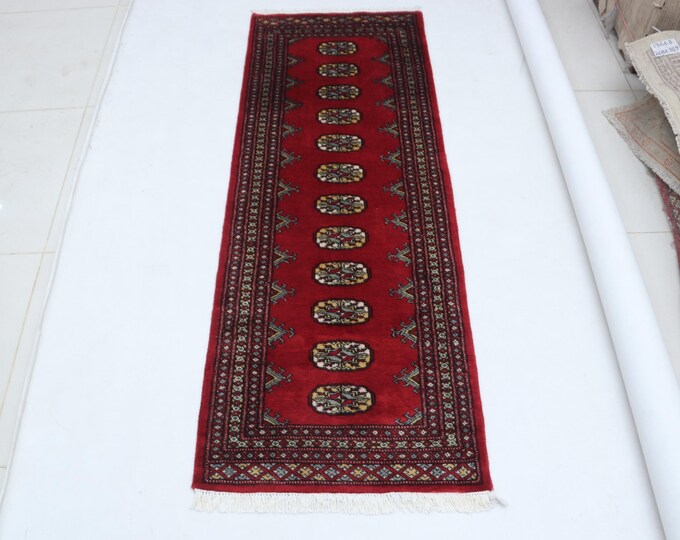 2.1 X 5.9 ft Red Geomatrical Runner Handmade, Mori Bokhara Cotton and Wool