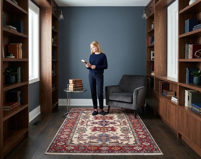 3.6 X 5.0 ft Beige and Red Geomatrical Handmade, Super Kazak Cotton and Wool