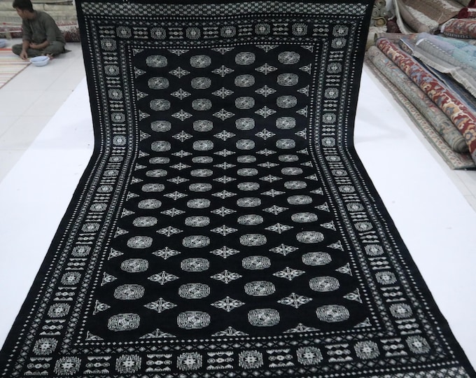 Black Mori Bokhara Wool Rug, Hand Knotted Tribal Rug (6.7x10.3 Ft)