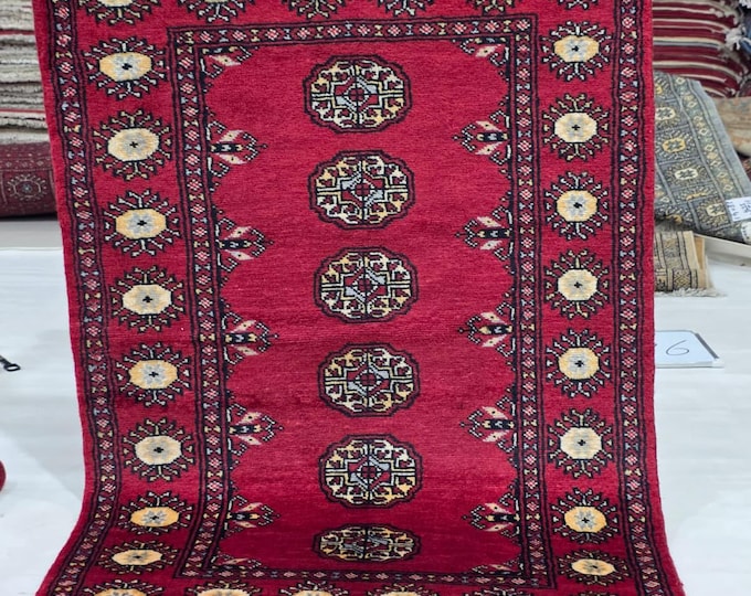 2.5 X 4 ft Red Geometrical Handmade, Mori Bokhara Cotton and Wool