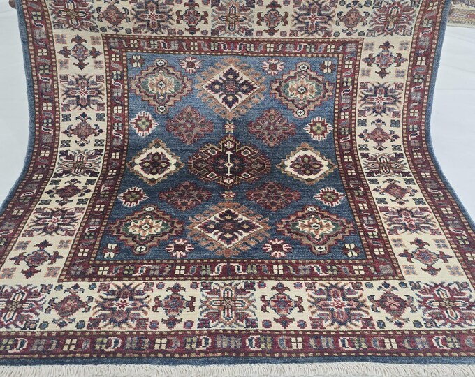 3.5 X 3.5 ft Handmade Geometrical Super Kazak Square Rug, Blie and Beige, Cotton and Wool