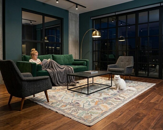 6.3 X 9.0 ft Beige Floral Handmade ,Oshak Wool