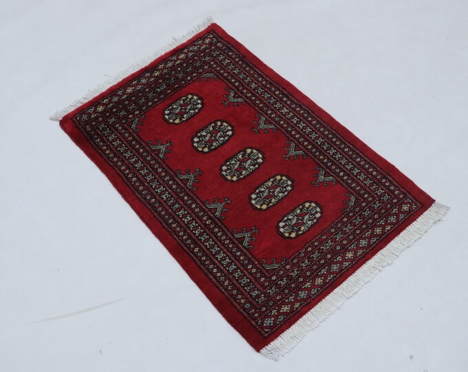 2.1 X 3.1 ft Red Geomatrical Handmade ,Mori Bokhara Cotton and Wool