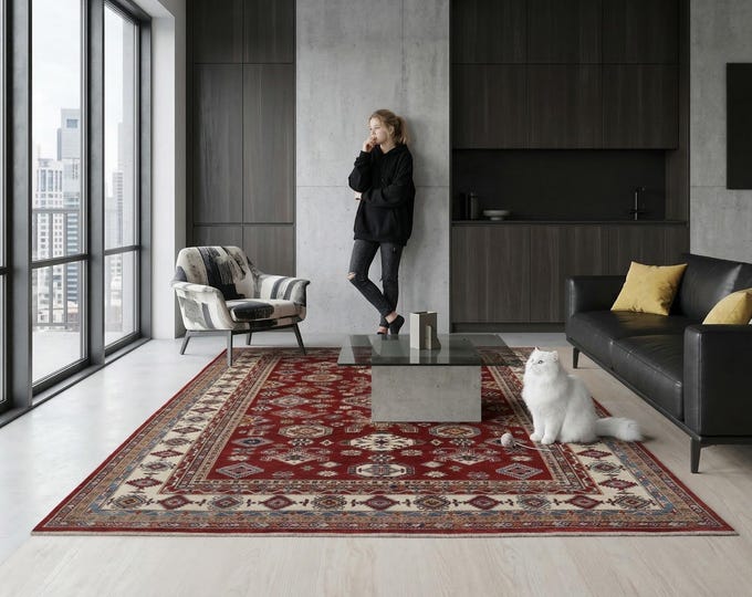 7.11 X 9.9 ft Red and Beige Geomatrical Handmade , Super Kazak Cotton and Wool