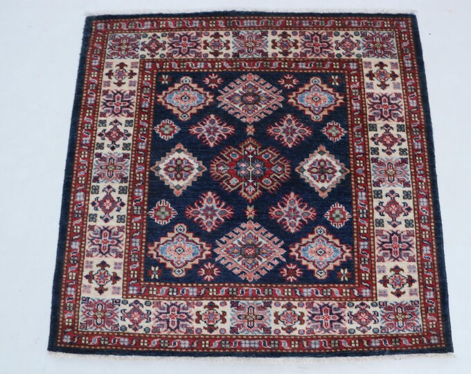3.5 X 3.3 ft Red and Beige Geomatrical Handmade , Super Kazak Cotton and Wool