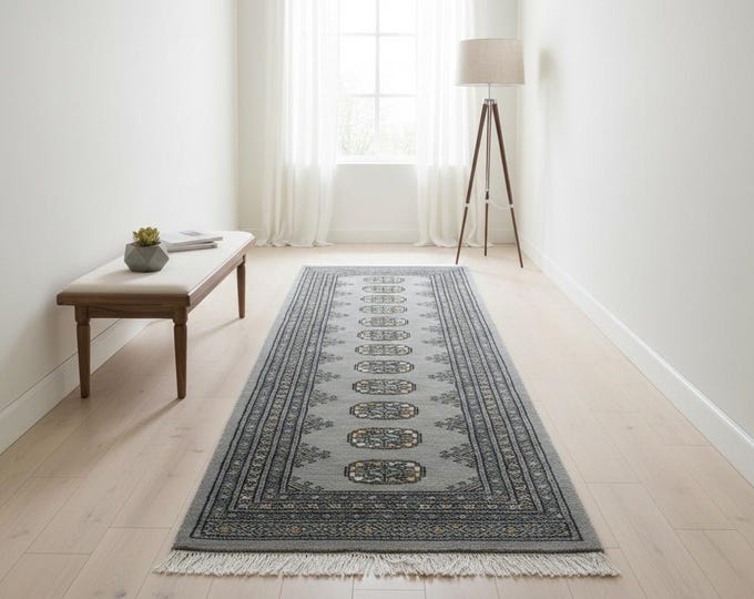 2.2 X 5.6 ft Gray Geomatrical Runner Handmade, Mori Bokhara Cotton and Wool