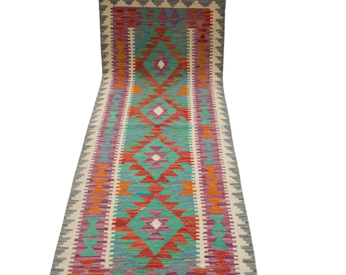 2.5 X 6.5 ft Runner Handmade Geometrical Killim Rug, Muilty, Wool