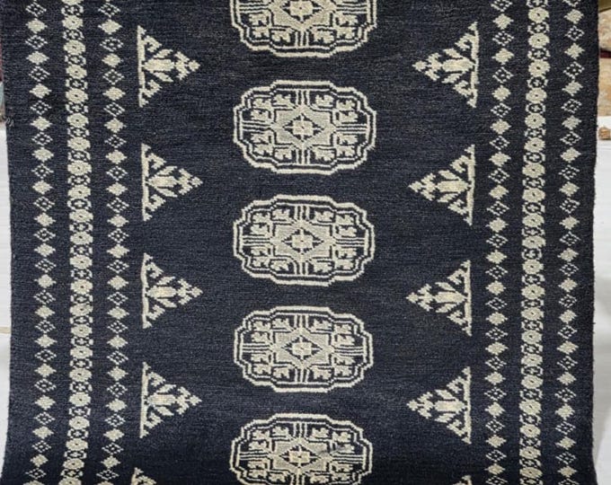 2 X 3 ft Black Geometrical Handmade, Mori Bokhara Cotton and Wool