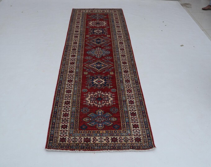 2.8 X 8.2 ft Red and Beige Geomatrical Handmade Runner, Super Kazak Cotton and Wool