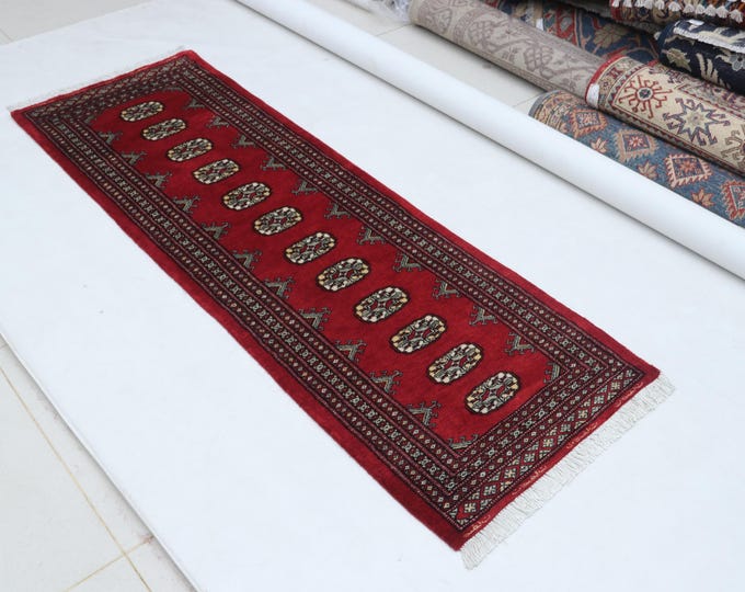 2.0 X 6.0 ft Red Geomatrical Runner Handmade, Mori Bokhara Cotton and Wool