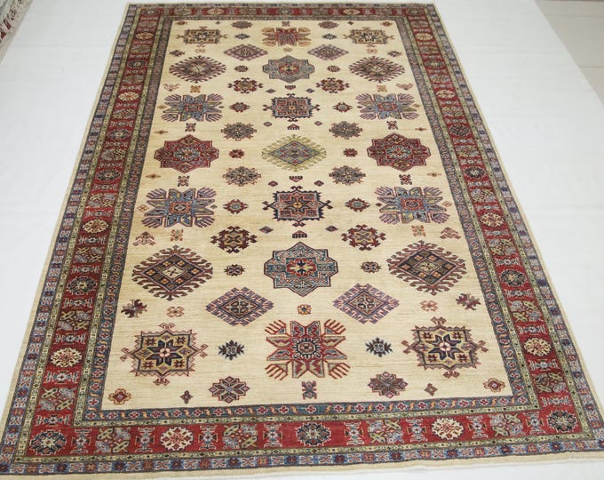 7x10 Afghan Kazak Rug – Handmade Wool, Beige & Red Geometric Design