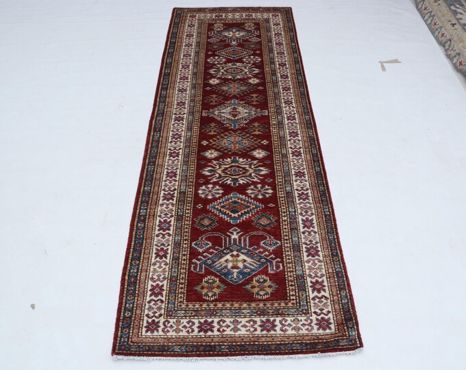 3 X 8 ft Red and Beige Geomatrical Handmade Runner, Super Kazak Cotton and Wool