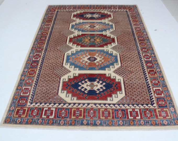 5.7 X 7.11 ft Beige and Red Geomatrical Handmade, Super Kazak Cotton and Wool