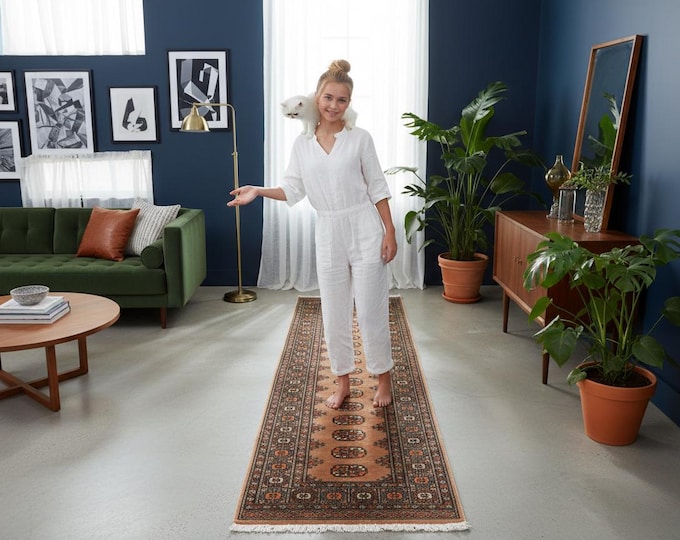 2.7 X 9.10 ft Gray Geomatrical Runner Handmade, Mori Bokhara Cotton and Wool