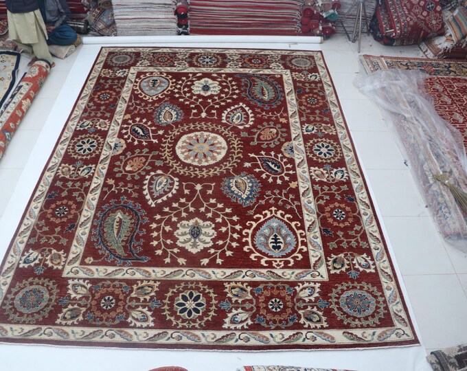 10 X 14 ft Red Floral Handmade, Chobi Cotton and Wool
