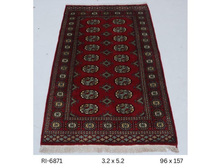 Hand-knotted Mohri Bokhara Cotton and Wool Rug, Geomatrical in Red base and Red border, 3.2 x 5.2 ft