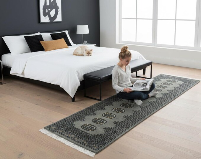 2.1 X 5.1 ft Gray Geomatrical Handmade, Mori Bokhara Cotton and Wool