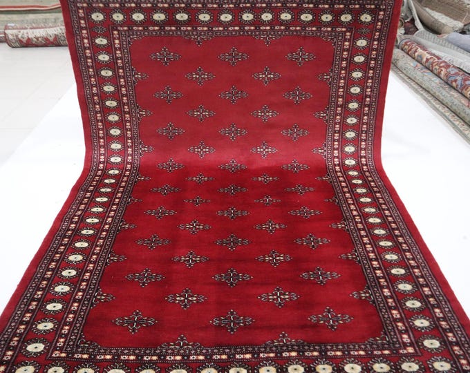 6x9 Red Mori Bokhara Rug, Hand Knotted Wool, Geometric Tribal Design