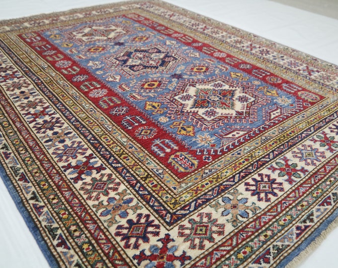 5x7 Ft Kazak Rug – Blue & Red Afghan Wool, Traditional Design