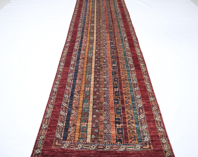 Handmade Wool Runner Rug – 10 Ft Multicolor Striped Turkish Rug