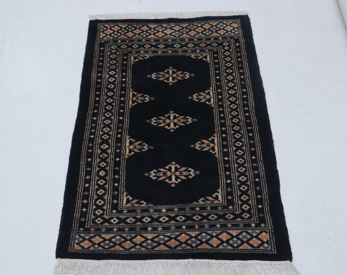 2.2 X 3.2 ft Black Geomatrical Handmade ,Mori Bokhara Cotton and Wool